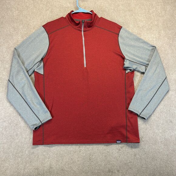 Patagonia Cpilene Midweight Zip Neck Base Layer Top Mens Large Asia Fit Red Gray - Picture 1 of 10